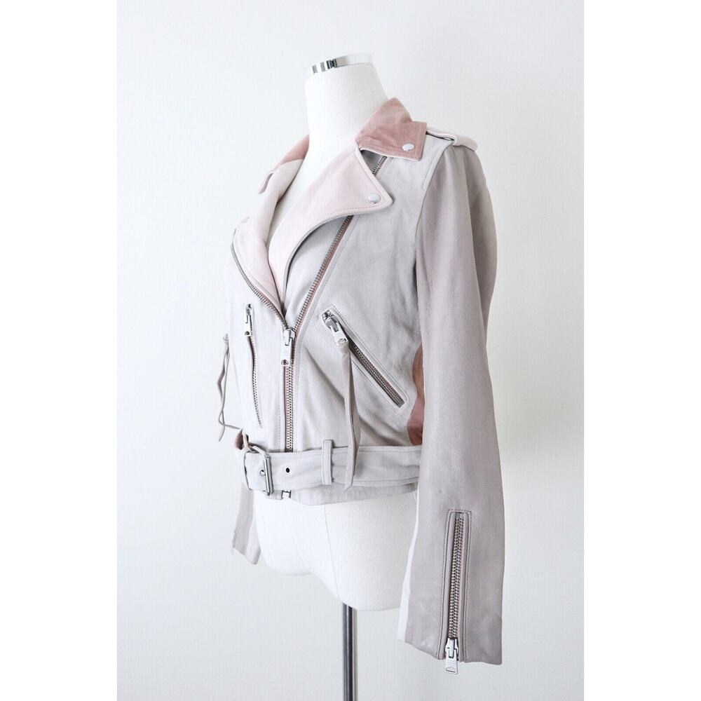 AllSaints Size 4 Balfern Biker Jacket Suede Leather Moto Cream Pink Mix - Picture 6 of 13